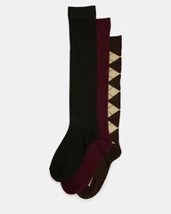 3 PACK ARGYLE KNEE HIGH SOCKS BROWN MULTI